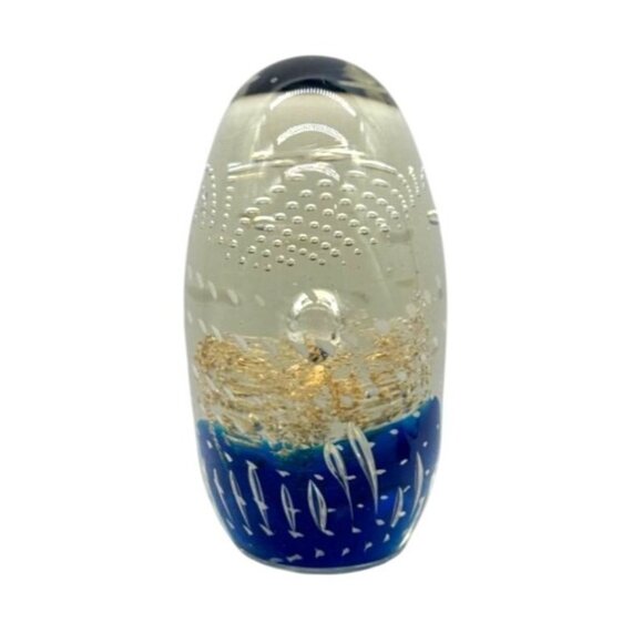 Handblown Oval Art Glass Paperweight Gold Flake & Blue Accents Polished Bottom - Picture 3 of 5